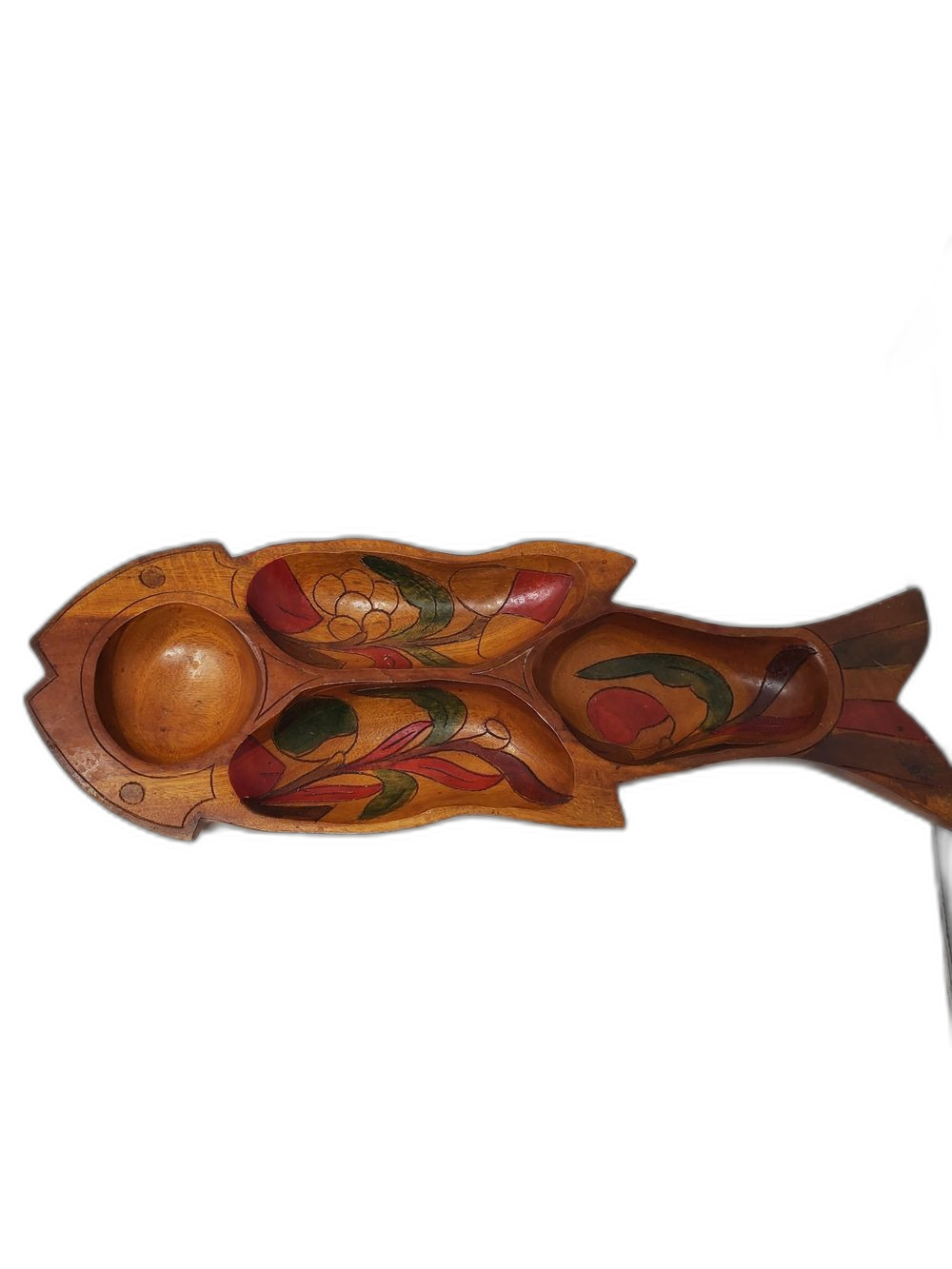 Fish Serving Platter Hand-Carved Wooden Serving Tray with Painted Floral Inlay